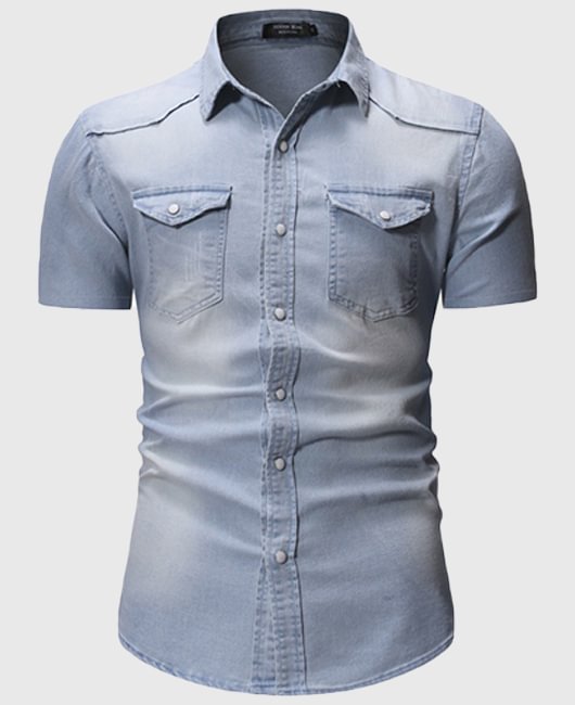 Casual Solid Color Light Washed Short Sleeve Denim Shirt