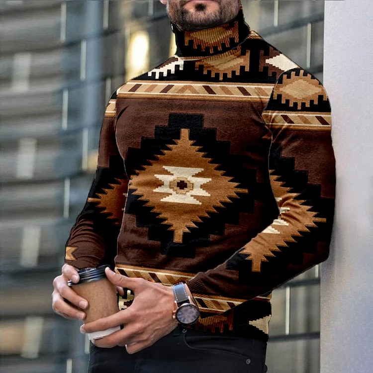 Men's Casual Brown Aztec Print Long Sleeve Turtleneck Top