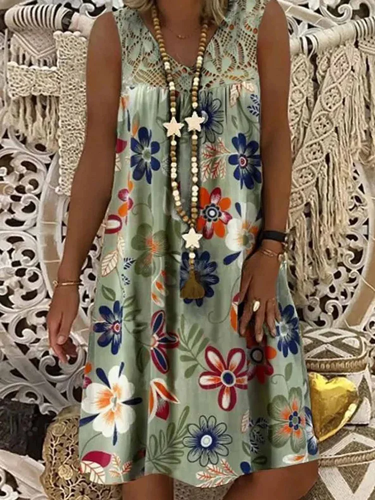Green Sleeveless Crew Neck Floral Dresses-Mayoulove