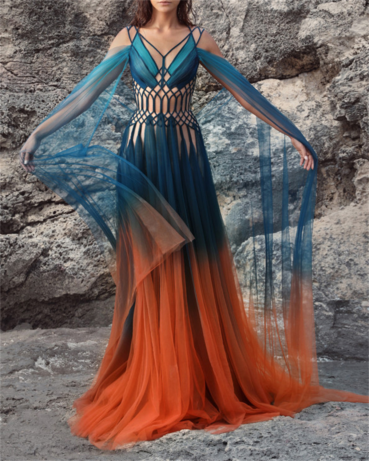 Women's Stitching Color Mesh Hollow Dress