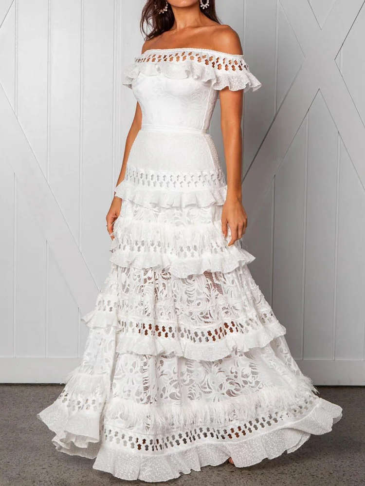 Elegant Off The Shoulder Hollow Lace Ruffle Maxi Dress