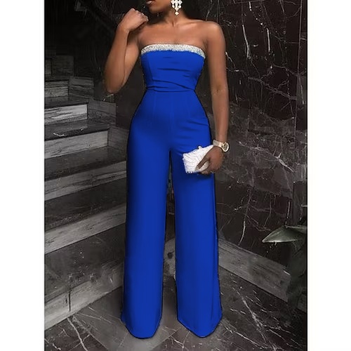 Daisda Chic White Strapless Sleeveless High Waist Wid-Leg Long Jumpsuit with Beadings