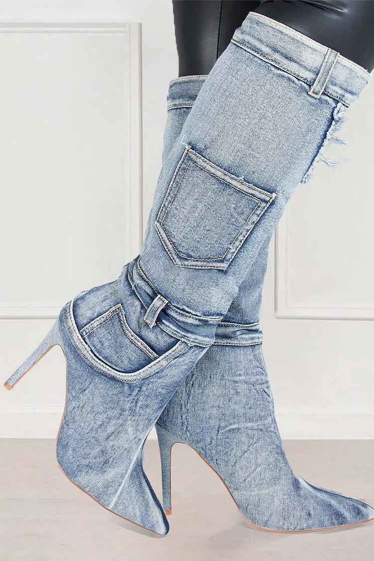 Denim Raw Edge Pointy Toe Stiletto High Leg Boots-Blue