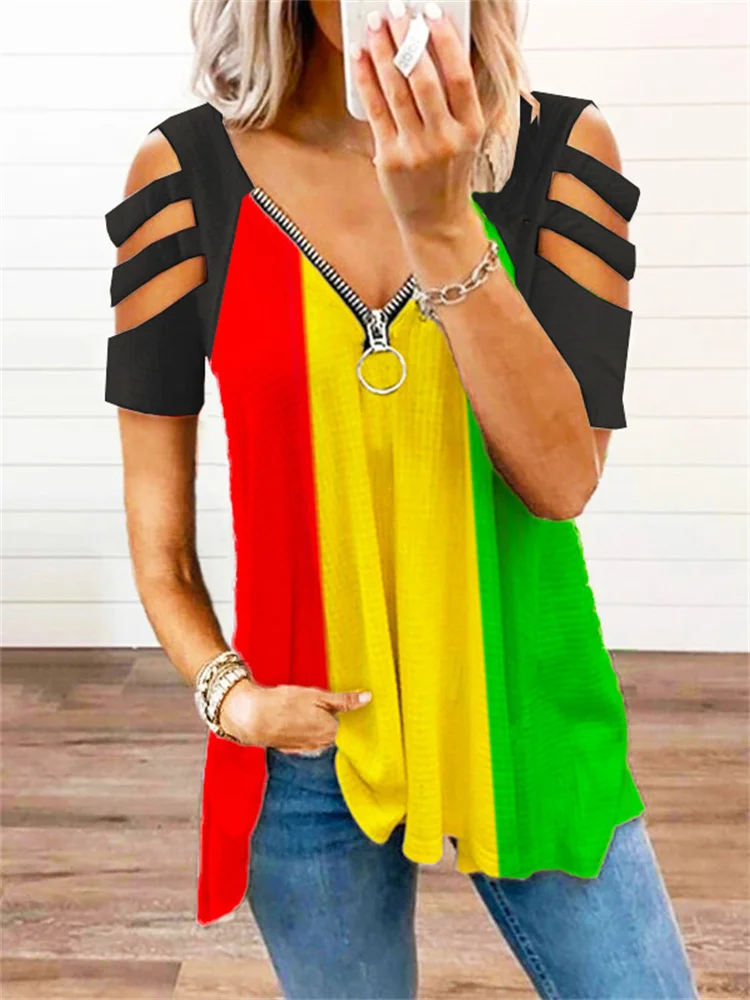 Black Pride Colorblock Hollow Casual Shoulder T Shirt
