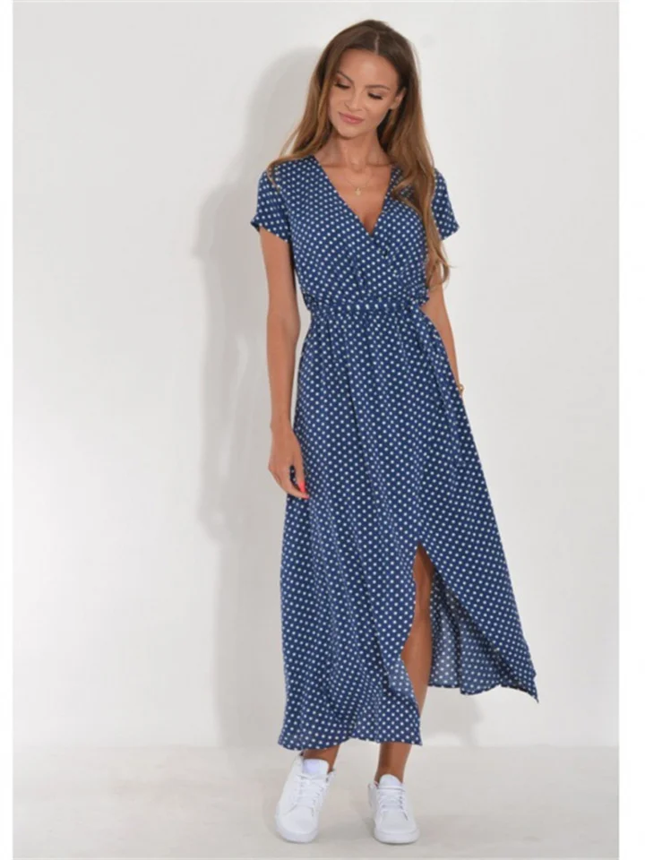 The New Summer V-neck Print Lace-up Dress Is Elegant S M L  XL 2XL-JRSEE