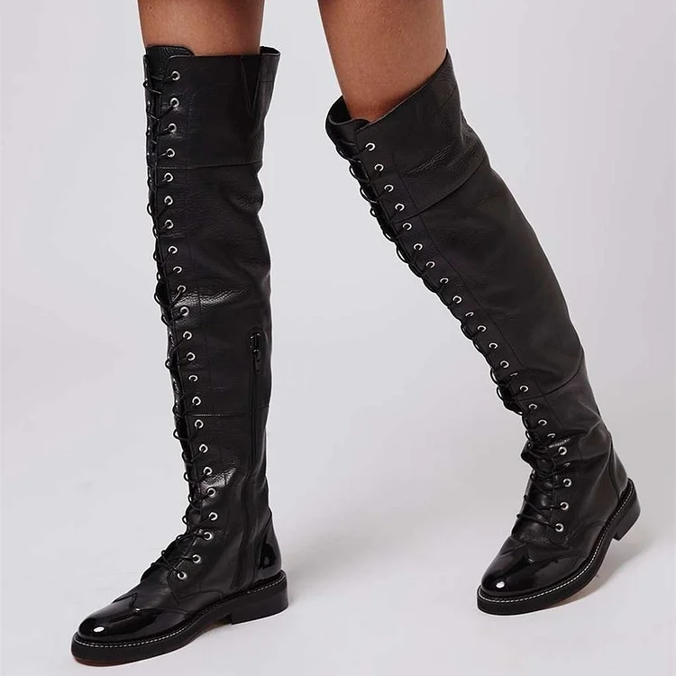 Classic Black Round Toe Over-The-Knee Flat Lace Up Boots for Women |FSJ Shoes