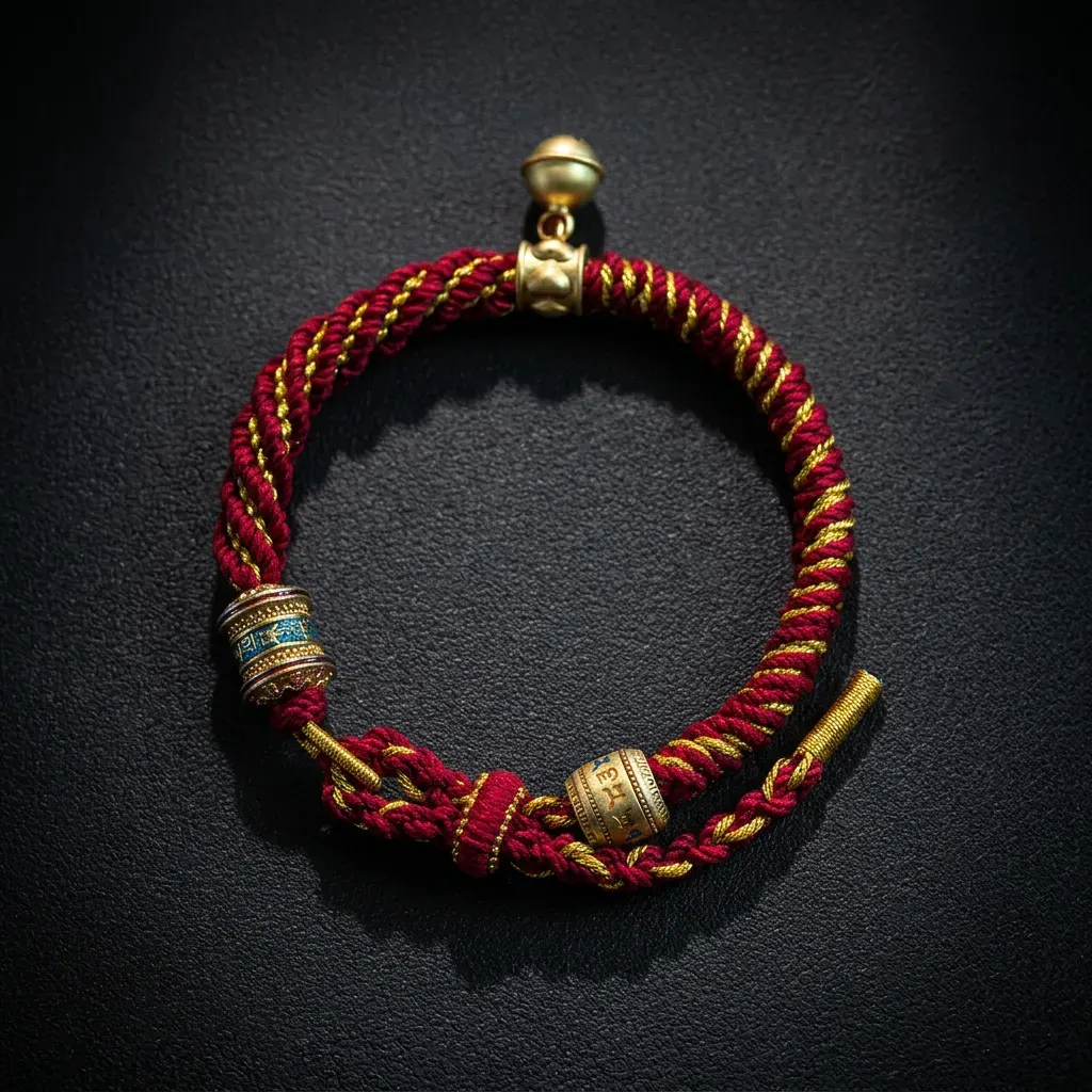 Serenity Knot: Hand-Woven Tibetan Mantra Bracelet with Gilded Accents Classic Crimson & Gold