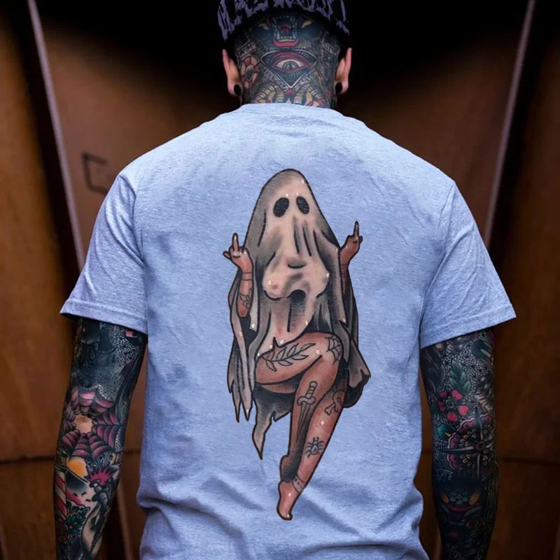 Naughty Sexy Lady Ghost with Tattoo Black Print T-shirt