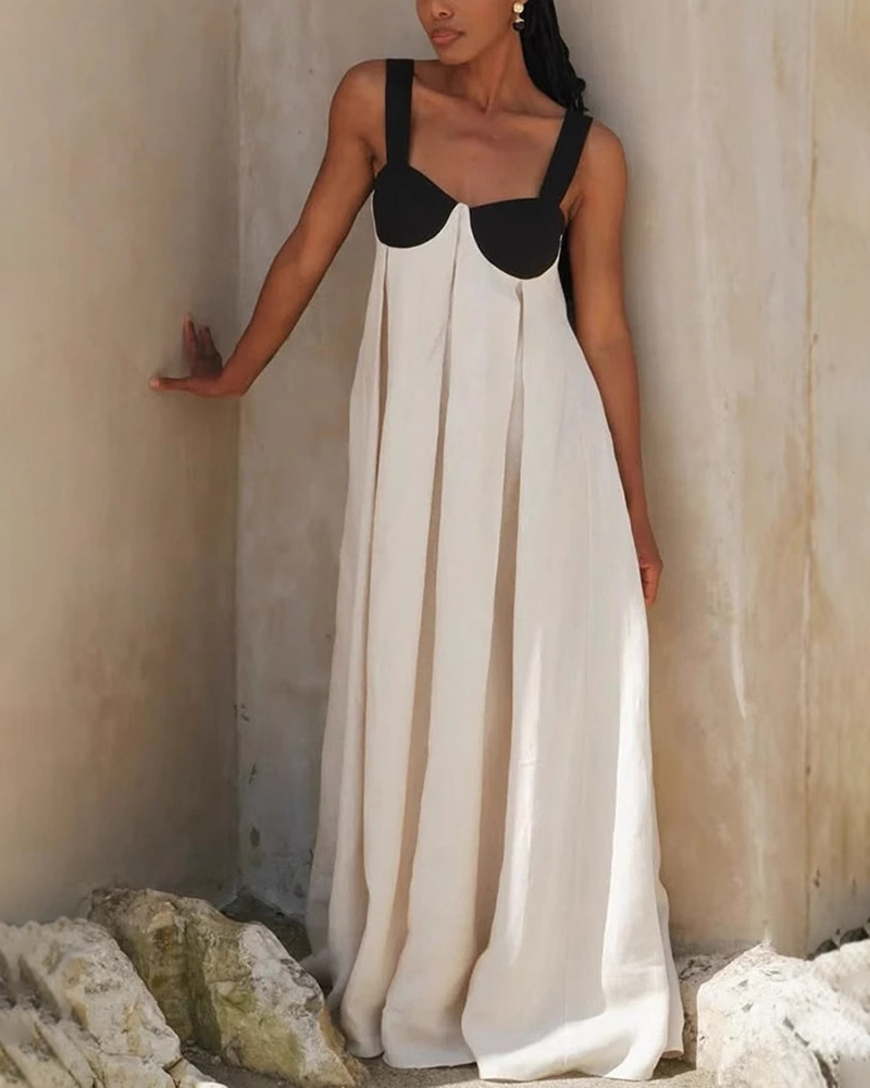 Wide Shoulder Strap Sweetheart Neck Colorblock Pleated Detail Maxi Dress
