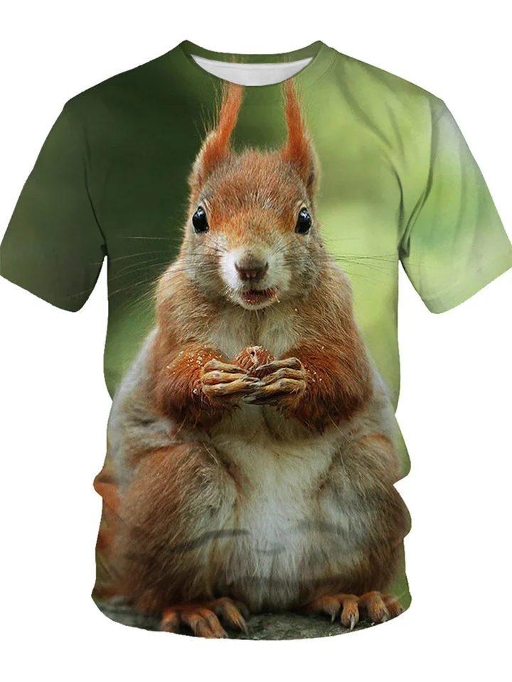 Men's Summer 3D Digital Printing Squirrel Pattern Short Sleeve T-shirt Men's Round Neck Loose T-shirt Green