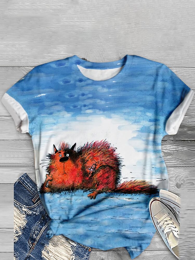 Animal Print O neck Short Sleeve Casual T Shirt For Women P1802503