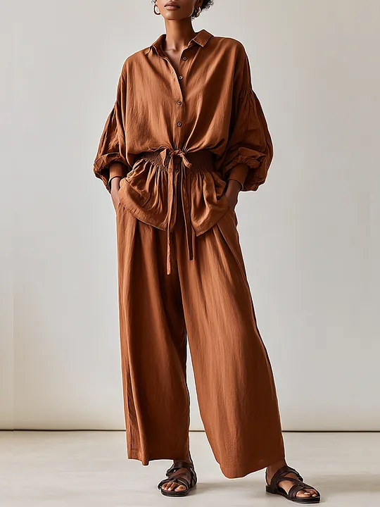 Women's Brown Linen Blend Vacation Balloon Sleeve Shirt & Drawstring Wide Leg Pants Set MD