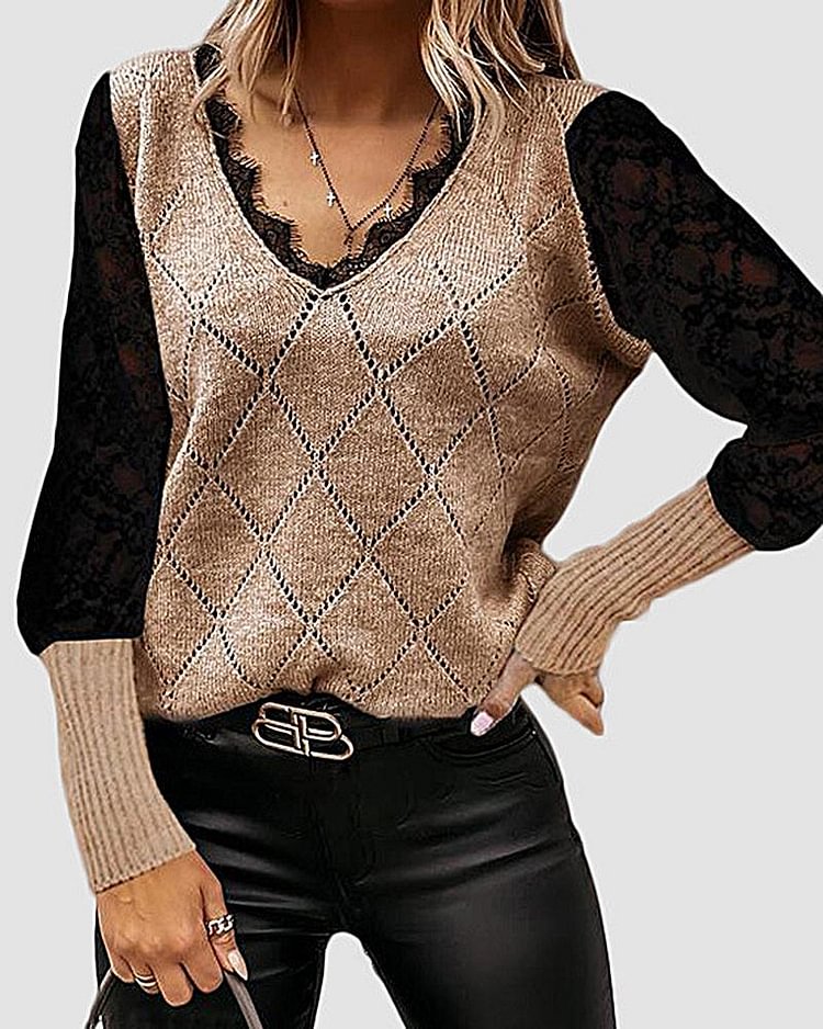 Contrast Lace Argyle Knit V Neck Sweater - Shop Trendy Women's Clothing | LoverChic