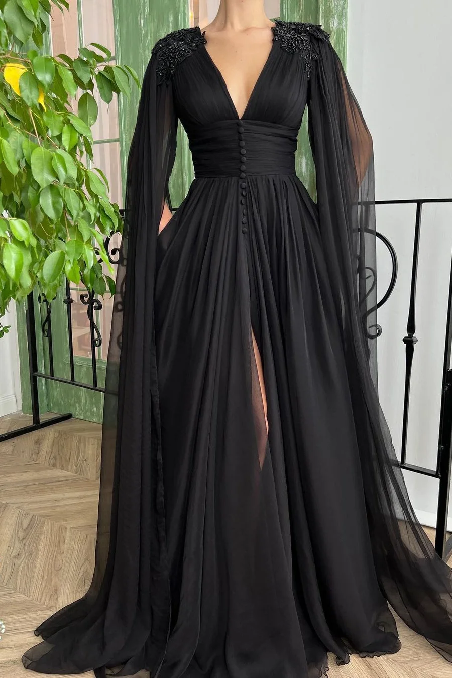 Daisda Elegant Black Deep V Neck Tulle Maxi Cocktail Evening Party Dress Front Slit Ruffle Sleeves
