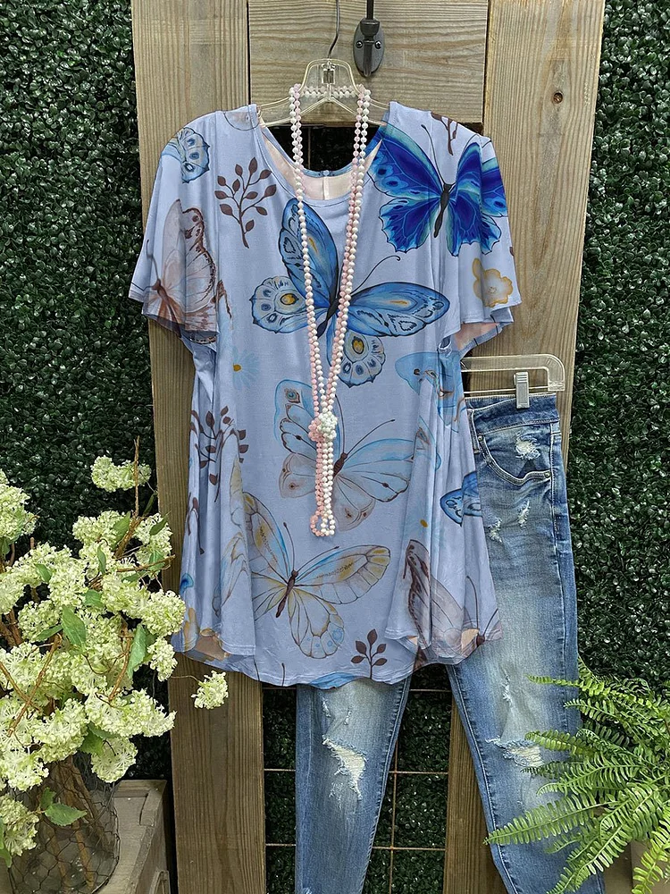 Multiple colors-ladies watercolor butterfly print casual T-shirt-Mayoulove