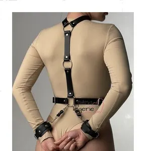 pornhint Pornhint Top Body Bondage Harness with Cuffs, Leather Harness Set, Bondage Collar, Sex Harness Woman, Leather Harness, Bdsm Body Restraints Gear