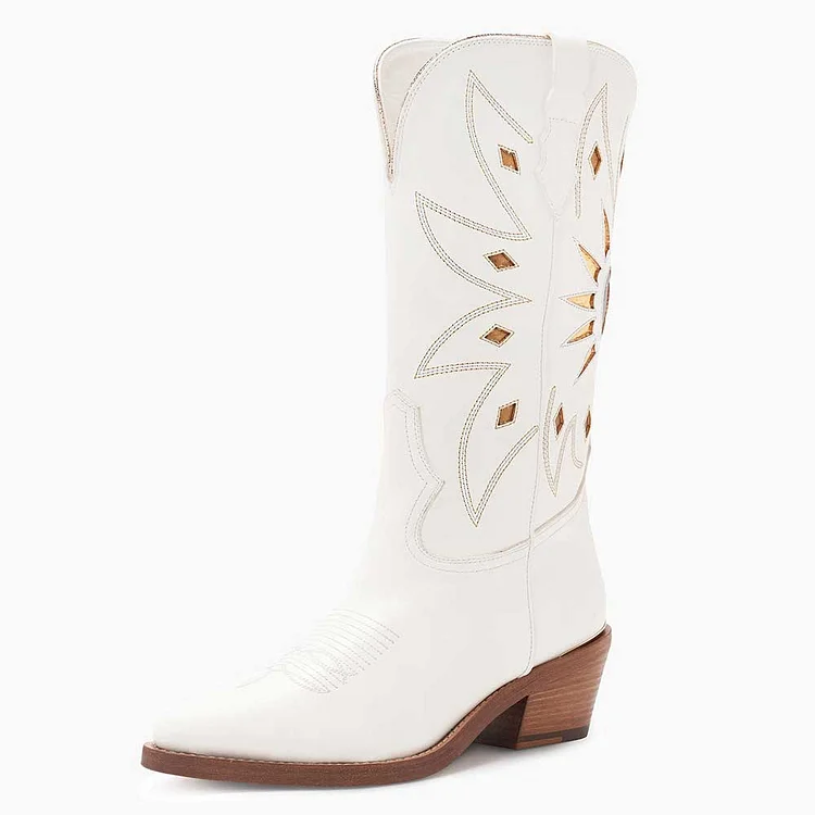 White Metallic Cutouts Chunky Heel Mid Calf Western Boots for Women |FSJ Shoes