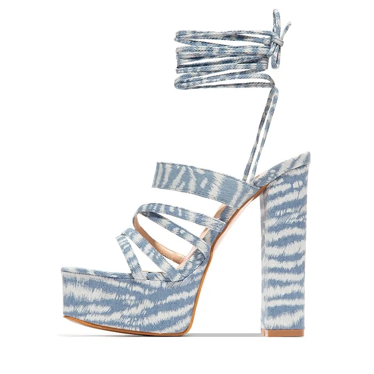 Blue and White Denim Strappy Sandals Platform Chunky Heel Sandals |FSJ Shoes
