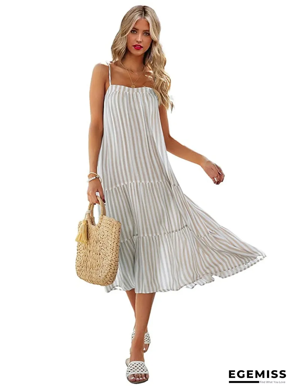Striped Print Suspenders Gathered Lace-up Loose Midi Dress