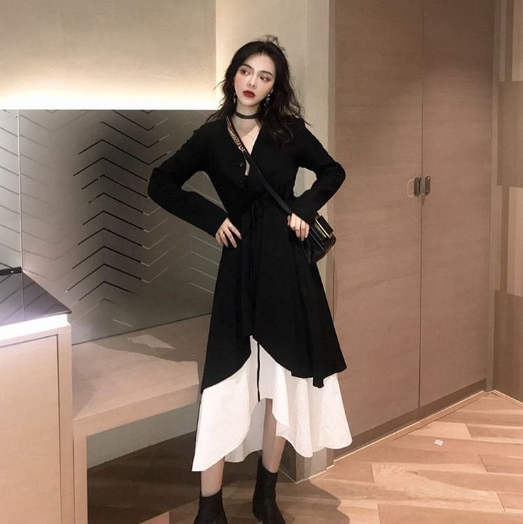 Set: Two-Tone Spaghetti Strap Midi Shift Dress + Asymmetrical Hem Drawstring Long-Sleeve Dress YP4550