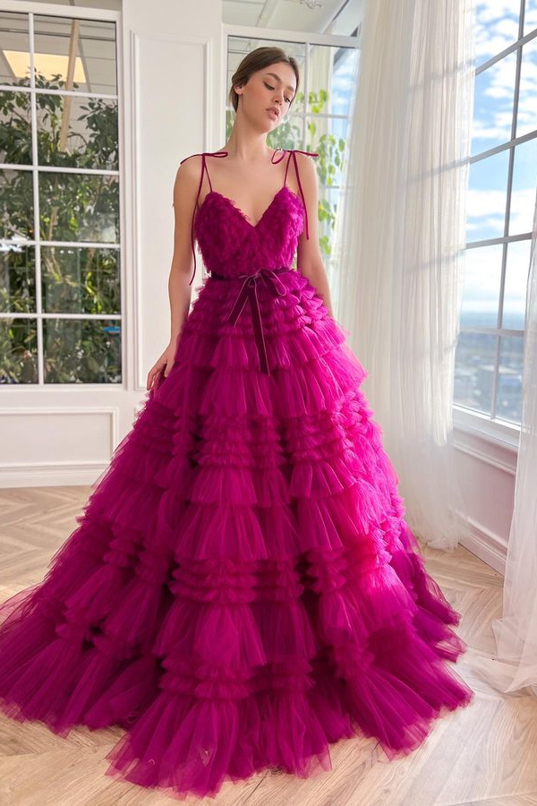Dresseswow Hot Pink Spaghetti-Straps V-Neck Prom Dress Layered Tulle Sleeveless