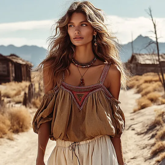 Bohemian Chic: Brown Off-Shoulder Top with Embroidered Details