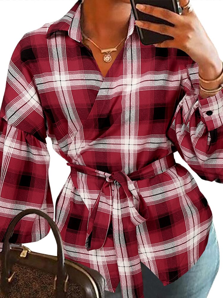 Plaid Knotted Lapel Collar Long Sleeve Shirt For Women P1768041