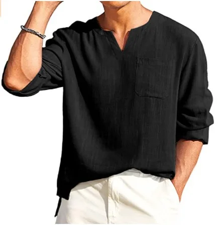Men's solid color casual button V-neck T-shirt