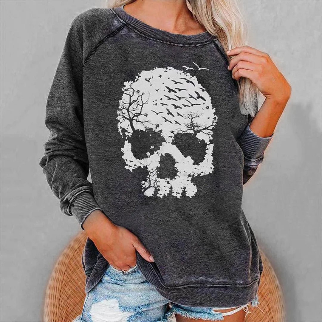 Skull Vintage Creative Print Crew Neck Women's Long Sleeve Sweatshirt