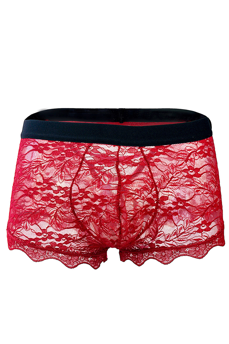 Mens See Through Guipure Lace Tied Up Low Rise Jockstrap Red Boxer Briefs 0922