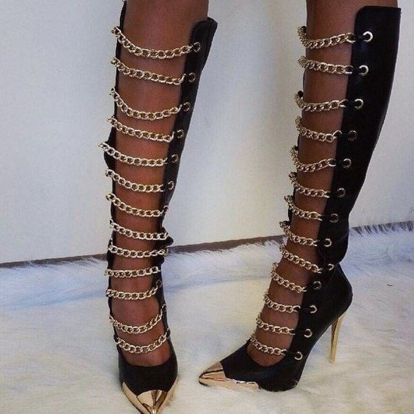 Women's Black Gladiator Boots Gold Pointed Toe High Heel Summer Boots |FSJ Shoes