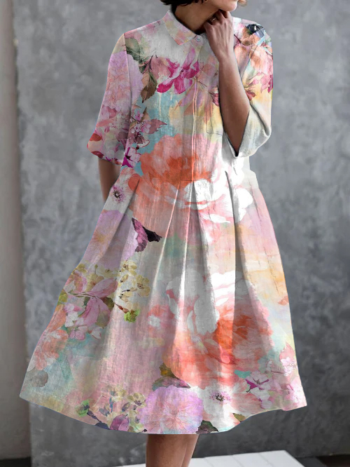 Vintage Floral Print Casual Pocket Half Sleeve Dress