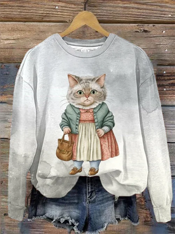 Women's Casual Cute Long Dress Cat Graphic Printed Sweatshirt