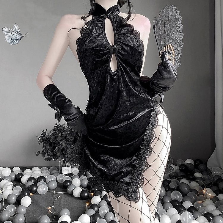 Black Lace Cheongsam Uniform Suit BE1342
