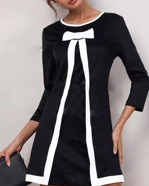Solid Round Neckline 3/4 Sleeves Above Knee A-line Dress
