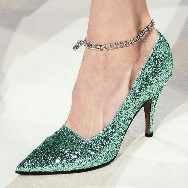 Green Glitter Pointed Toe Party Stiletto Pumps Vdcoo