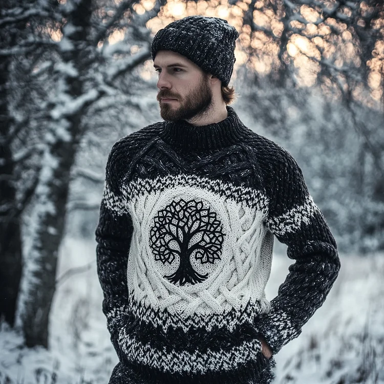 Men's Viking Celtic Tree Of Life Jacquard Contrast Sweater