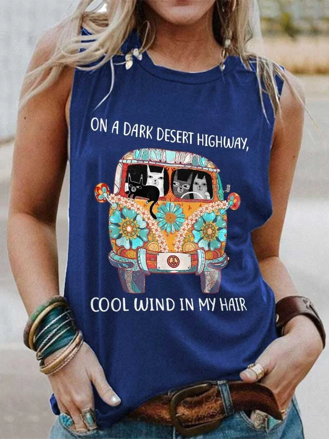 Retro Hippie On A Dark Desert Highway Cool Wind In My Hair Print Crew Neck Vest