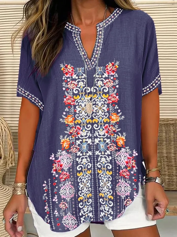 Women's Embroidered Printed V-Neck Loose Short-Sleeved Top