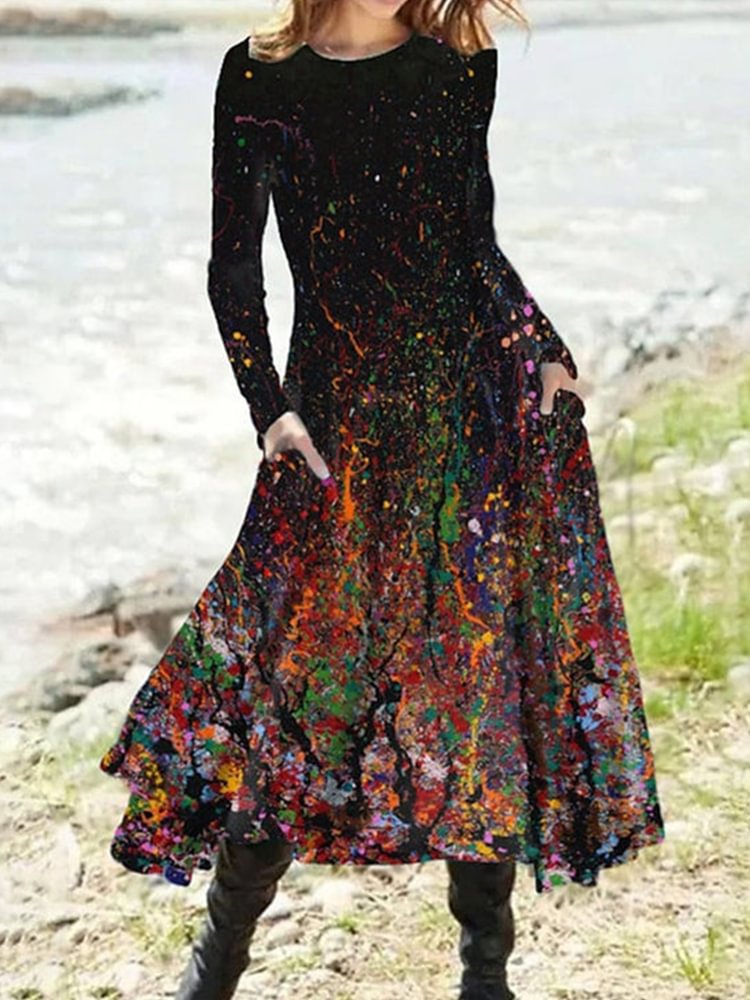 Comstylish Gradient Art Print Pocket Long Sleeve Midi Dress