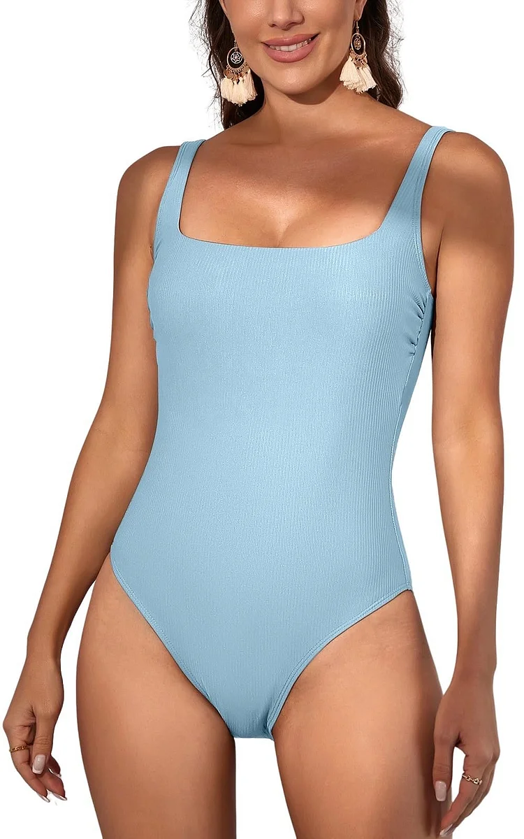 Ribbed Tummy Control Square Neck One Piece Swimsuits
