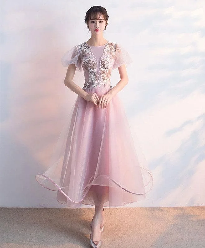 Pink Tulle Lace Prom Dress, Pink Tulle Evening Dress
