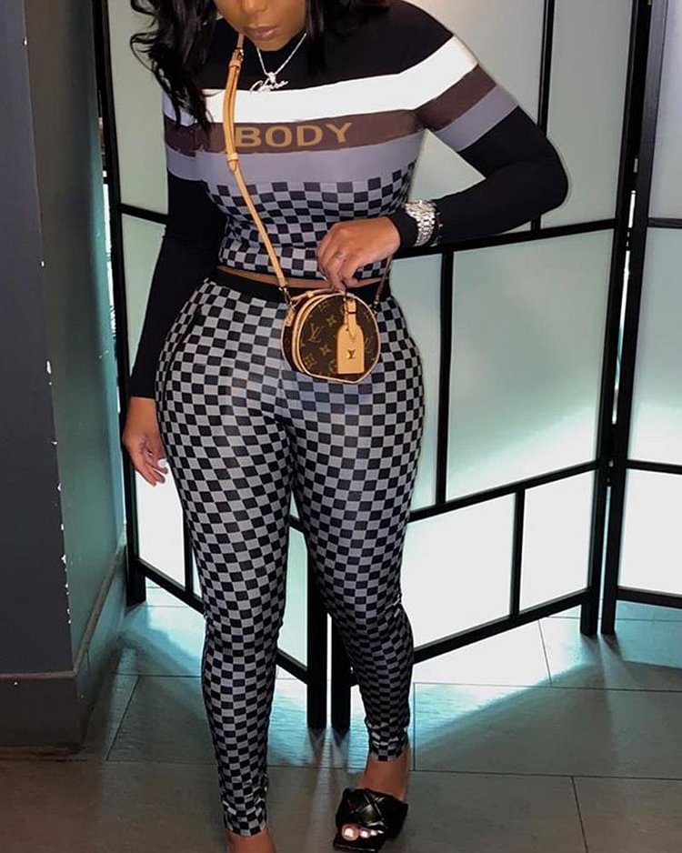 Gingham & Letter Print Zip-Pocket Top & Pants Set - Shop Trendy Women's Clothing | LoverChic