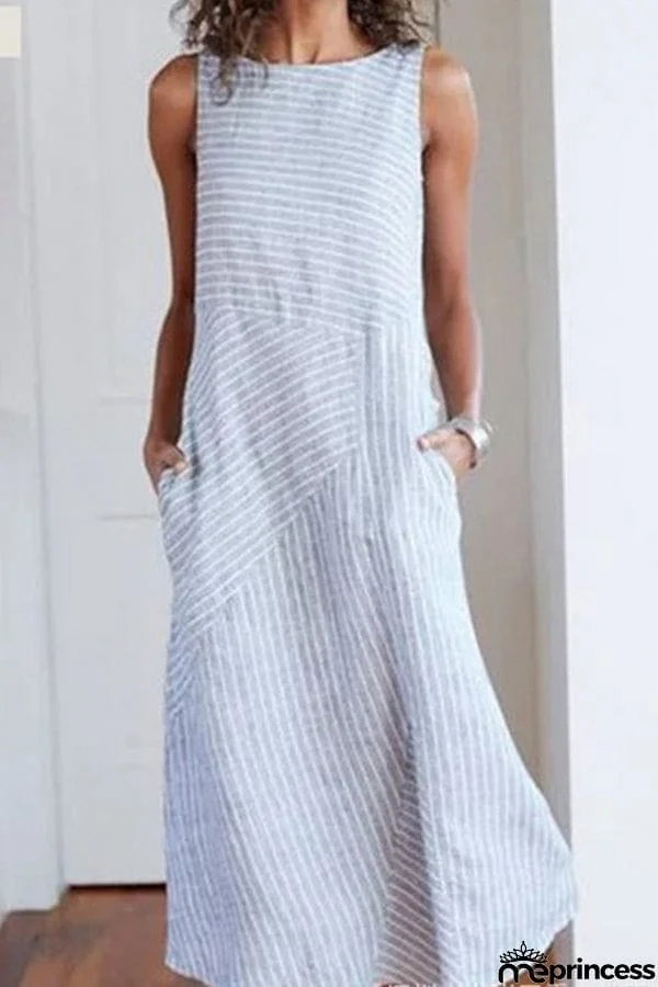 Striped Round Neck Sleeveless Oversized Fitted Dress