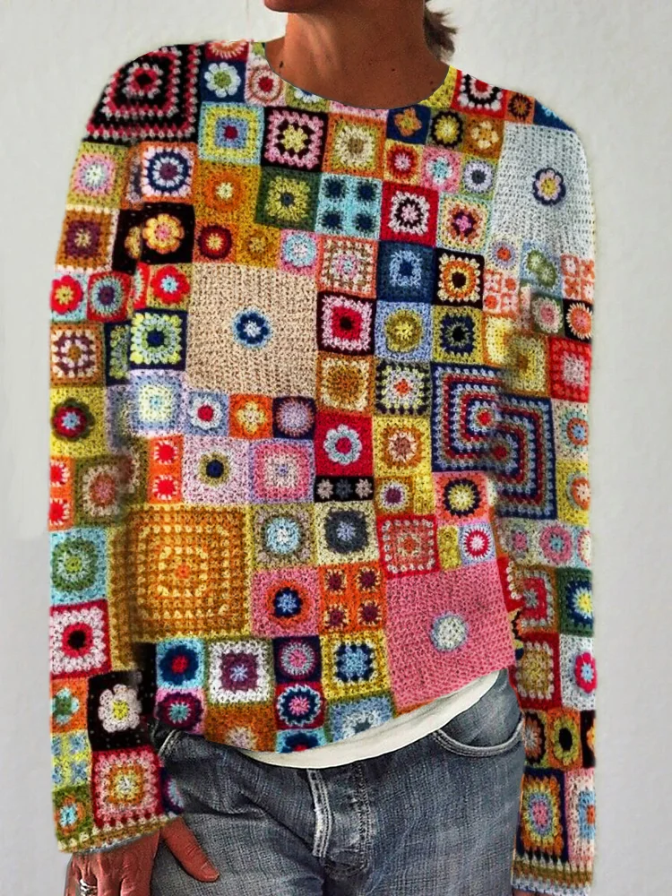 VChics Colorful Geometric Crochet Art Cozy Sweater