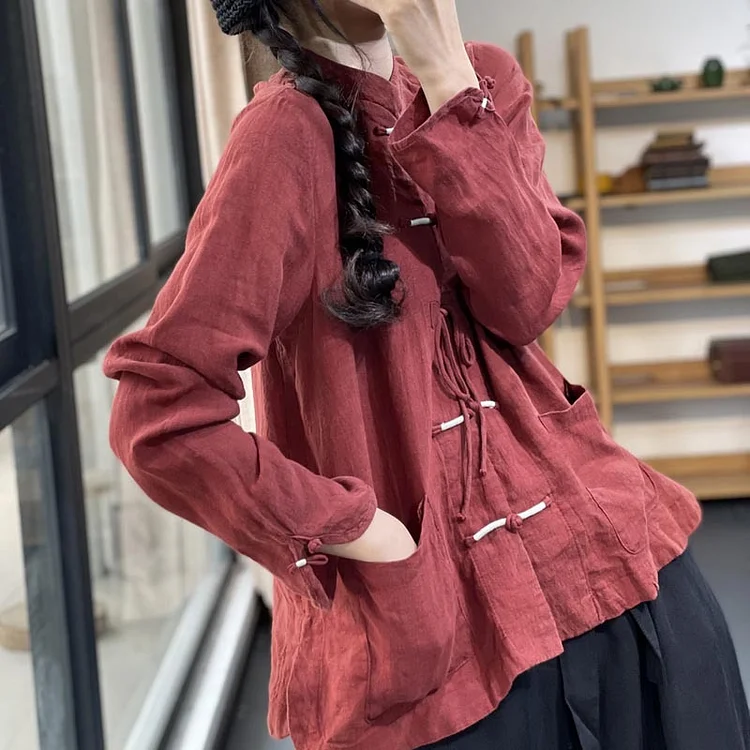 Simple Disc Buckle Lace-Up Shirt 