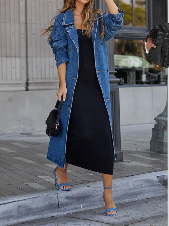 New Autumn and Winter Women's Trench Coat Denim Cotton Pure Color Double Insert Pockets Long Tie Button Loose Jacket-Cosfine