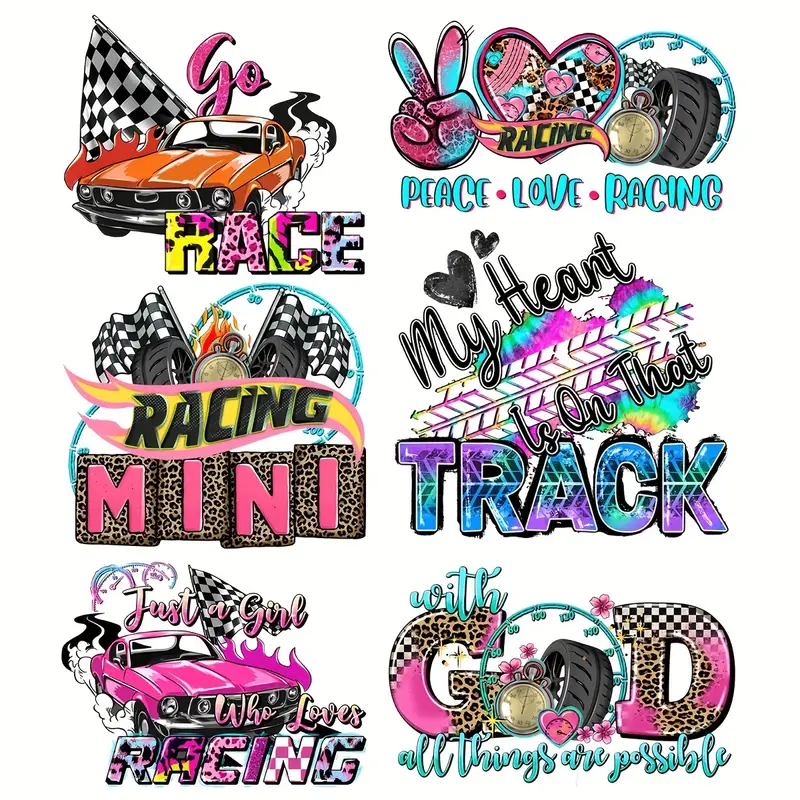 6pcs/pack, Hot Sale Racing Track Themed Series Hot Stamping Heat Transfer Patches Vinyl Designs Iron On Transfers For T-Shirts Sweaters Bags with Different Style-Guru-buzz
