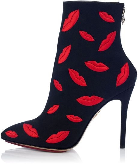 Black Ankle Booties Suede Lips Embroidered Stiletto Boots for Women |FSJ Shoes