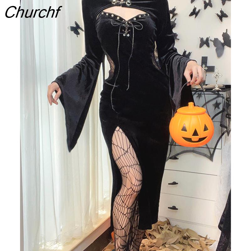 Long Dress Suit With Hat See Through Velvet Lace Cutout High Slit Long Sleeve Button Lace-up Party Dress